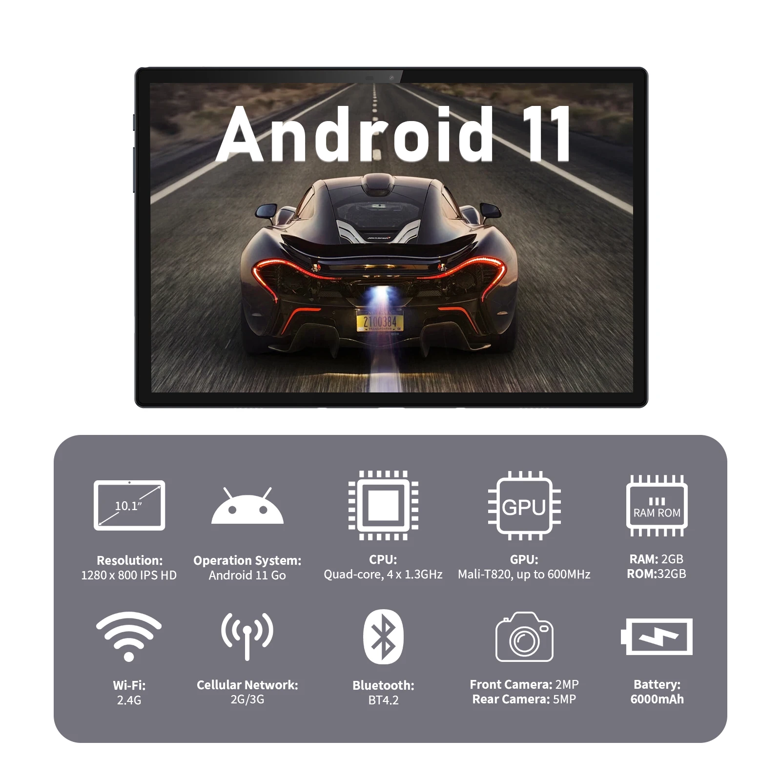 Azeyou T10 Tablet 10,1-дюймовый Android 3G Телефон-планшет с 2 ГБ оперативной памяти, 32 ГБ памяти, 2-мегапиксельными и 5-мегапиксельными Камерами, Четырехъядерным аккумулятором Емкостью 6000 мАч, двойным 1