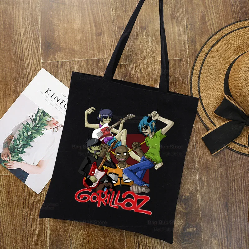 Gorillaz, Мультяшная современная музыкальная группа, Большая Женская сумка для покупок, Холщовая сумка-тоут, сумки через плечо, Хозяйственная сумка, Сумки из черной ткани, Эко 4