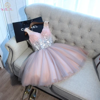 Короткие платья для выпускного вечера, бальное платье, розово-серое, расшитое блестками, С V-образным вырезом, Элегантное вечернее вечернее платье vestido formatura curto
