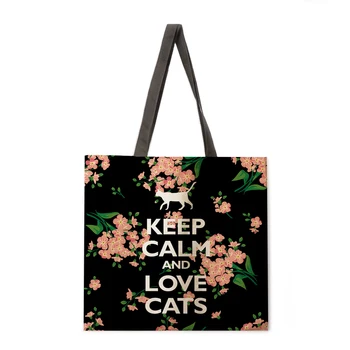Сумка-тоут с цветочным принтом и кошками, повседневная сумка-тоут из льняного волокна, складная сумка для покупок через плечо, многоразовая женская пляжная сумка