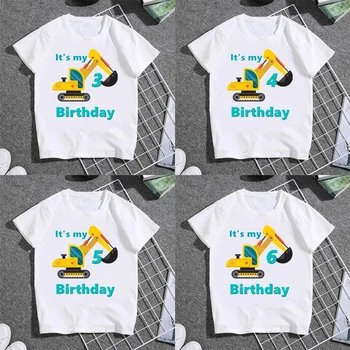 Прекрасная футболка с экскаватором, забавная футболка для вечеринки по случаю дня рождения мальчика 2-9 лет, детская летняя футболка с коротким рукавом, белая