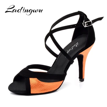 Женские туфли для сальсы Ladingwu, черные фланелевые и оранжевые туфли для латиноамериканских танцев из искусственной кожи, женские босоножки для бальных танцев, каблук 10 см