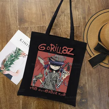 Gorillaz, Мультяшная современная музыкальная группа, Большая Женская сумка для покупок, Холщовая сумка-тоут, сумки через плечо, Хозяйственная сумка, Сумки из черной ткани, Эко