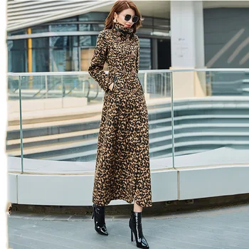 Новое женское твидовое пальто, весенне-осеннее модное пальто со стоячим воротником, тонкие шерстяные топы большой длины, зимнее пальто с леопардовым принтом, длинная верхняя одежда