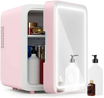 Холодильник для ухода за кожей - Мини-холодильник с регулируемым зеркалом со светодиодной подсветкой (4 литра / 6 банок), охладитель и грелка, для хранения косметики, средств по уходу за кожей и
