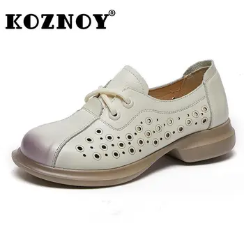 Женские мокасины Koznoy 1,5 см, удобные лоферы из натуральной кожи, оксфорды, сандалии на плоской подошве с мягкой подошвой, этническая летняя обувь с круглым носком