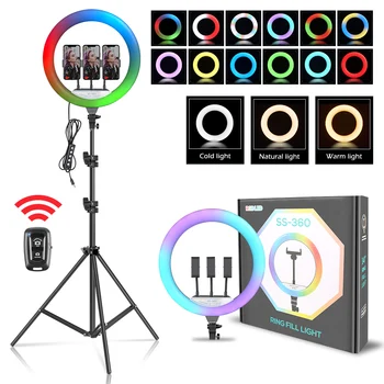 SH 14-дюймовый RGB кольцевой светильник, совместимый с Bluetooth, светодиодная лампа для Селфи с подставкой для штатива, светильник для фотосъемки в фотостудии Youtube Live