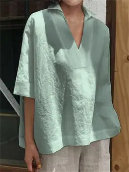 Весенне-летняя хлопковая льняная блузка с Отворотом и V-образным вырезом, женские топы, однотонная одежда с коротким рукавом, Повседневные блузки Оверсайз