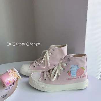 SHANPA Kawaii/ Женская Обувь с принтом Клубники и молока, Корейская Модная Студенческая Зимняя Парусиновая Повседневная Обувь с Высоким Берцем, Zapatillas Mujer