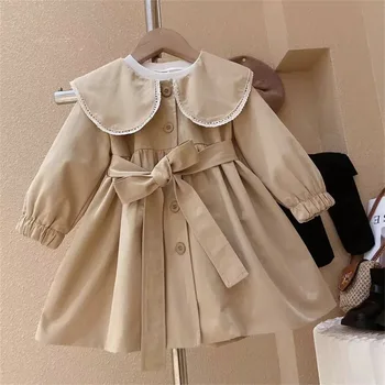 Пальто для девочек, Модная ветровка с кукольным воротником, коллекция 2023 года, Весенне-осенняя новинка, корейская версия, Детская куртка-туника, Осенняя одежда для девочек