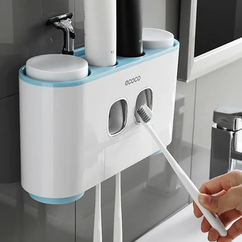 ECOCO Новый Настенный Автоматический Дозатор зубной пасты с 4 чашками, Адсорбционная подставка для хранения зубных щеток, Аксессуары для ванной комнаты