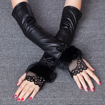 Модные черные Кружевные перчатки из овчины, Женские гетры длиной 40 см, Женские Полупальцевые перчатки из натуральной кожи, Варежки без пальцев
