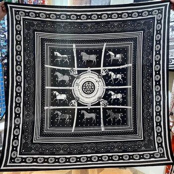 Кашемировая шаль с принтом десяти лошадей, высококачественные шелковые шарфы, Дизайнерский женский зимний теплый Шелковый шарф с закатанными вручную краями, палантин-палантин