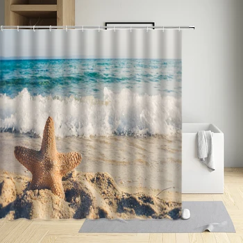 Летняя пляжная занавеска для душа, Океанский пейзаж, Разноцветные ракушки, отпечаток океанской волны, наборы для украшения ванной комнаты с крючками