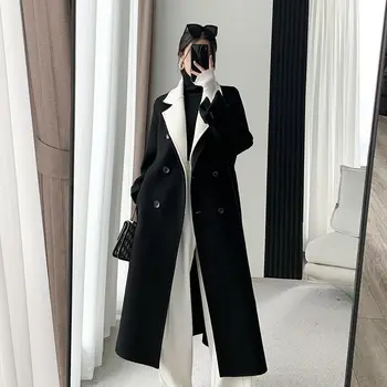 Черная шерстяная куртка в стиле пэчворк высокого качества 2023, женская винтажная двубортная верхняя одежда, тонкое пальто с отложным воротником и поясом на талии