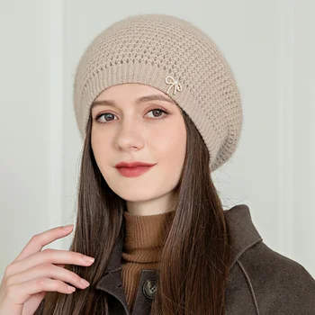 Новая женская зимняя шапка, уличная одежда, теплая шапка из смеси кроличьего меха, Модная декоративная шапка-Бини Для женщин, повседневная вязаная шапка