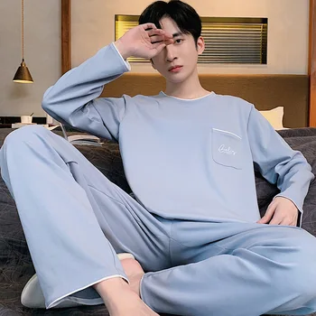SUO & CHAO / новый трикотажный хлопковый мужской пуловер с длинными рукавами, пижамный костюм, простая повседневная мужская домашняя одежда с круглым вырезом