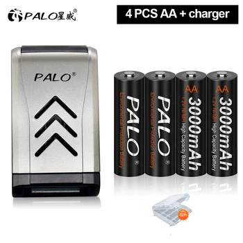 PALO Original AA 3000mAh Rechargeable Battery + 1.Интеллектуальное ЖК-USB зарядное устройство 2 В, устройство быстрой зарядки пальчиковых батареек AAA
