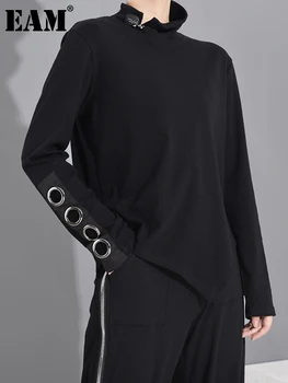[EAM] Женская Черная Открытая Асимметричная футболка с разрезом, Новый Воротник-стойка, Длинный рукав, Мода Весна-Осень 2023 1M87401