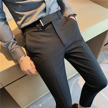 Осенние Повседневные деловые Мужские брюки в полоску 2023, Модные Приталенные Длинные брюки для мужчин со средней талией, Дизайнерские брюки, Весенняя Уличная одежда
