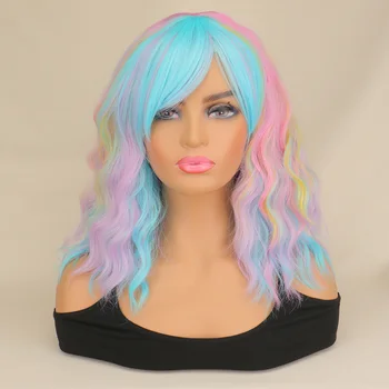 Женский короткий волнистый парик с челкой из синтетических волос для девочек, парик для косплея, радужные разноцветные вечерние парики для косплея