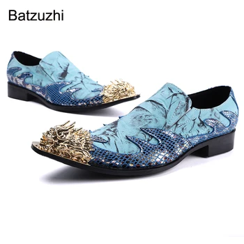 Batzuzhi/ модные мужские туфли с золотым металлическим носком, синие модельные туфли из натуральной кожи для мужчин, вечерние и свадебные туфли, US6-US12