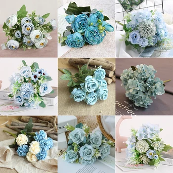 1 Букет синих Искусственных цветов, Пион, Чайная роза, Осенние Шелковые искусственные цветы для DIY гостиной, домашнего сада, свадебного украшения