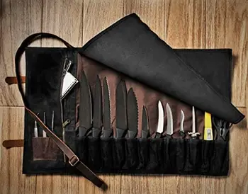 Холщовый рулон для ножей - 15 отделений для ножей, держатель для карточек и большой карман на молнии - Натуральная кожа, ткань и латунные пряжки - для шеф-поваров