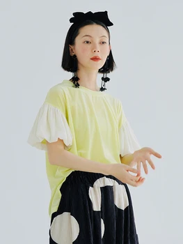 оригинальная летняя футболка imakokoni с короткими рукавами, женский простой однотонный пуловер с пышными рукавами, топ 223657