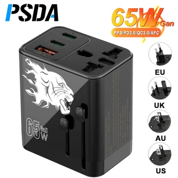 PSDA 3D UV 3 порта 65 Вт GaN Супер Быстрый USB C Адаптер Питания Global Universal US EU AU UK Штекер Дорожное Зарядное Устройство с розеткой переменного тока