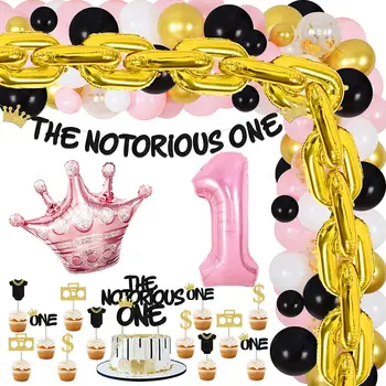 Украшения в стиле хип-хоп на 1-й день рождения для девочки The Notorious One Баннер, Топпер для торта, Набор Гирлянд из розовых воздушных шаров, Цепочка, Корона, воздушные шары