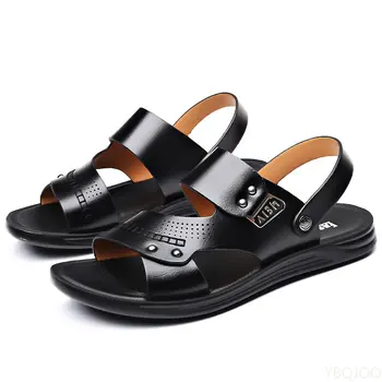Обувь 2023, модные мужские Летние Новые Кожаные нескользящие пляжные сандалии-слипоны в стиле ретро, дорожные вьетнамки, Тапочки Черного и коричневого цвета