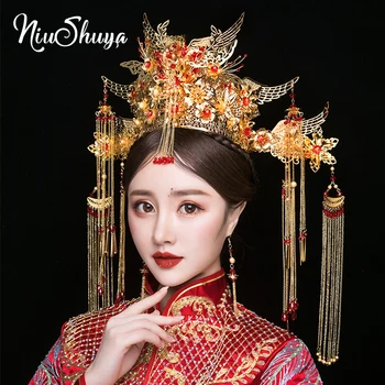 NiuShuya/ Новые роскошные китайские свадебные серьги в виде короны, аксессуары для волос королевы с длинными кисточками