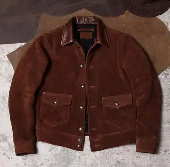 Бесплатная доставка.Винтажная куртка из воловьей кожи в американском стиле вестерн 1920-х годов.Роскошное мужское пальто из 100% натуральной замши.Коричневая верхняя одежда из натуральной кожи.
