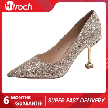 HiRoch, весенне-осенние женские туфли на высоком каблуке 7 см, цвета: золотистый, серебристый, на шпильке, с острым носком, без застежки, из искусственной кожи, Повседневная женская обувь