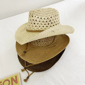 Летняя соломенная шляпа, Женская Уличная пляжная шляпа, Ковбойская шляпа с отверстиями, Солнцезащитная кепка, Солнцезащитный крем, Повседневная Панама, Мужские кепки с плоскими полями