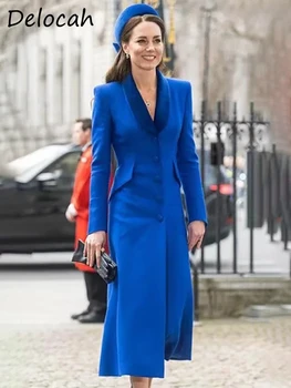 Delocah/ Высококачественные весенние женские модные дизайнерские тренчи с длинным рукавом, Двубортные Элегантные пальто с синим принтом, пальто