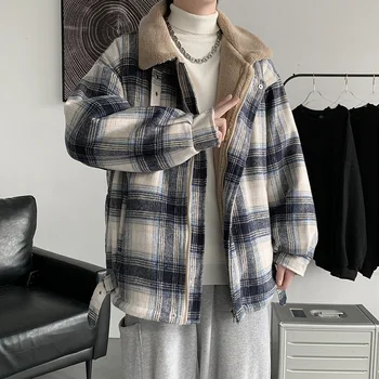 2023 Новые корейские осенне-зимние плотные теплые куртки из овечьей шерсти в сетку, мужская повседневная куртка в стиле хип-хоп для подростков, уличная куртка Harajuku