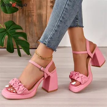 розовая Женская обувь; Коллекция 2023 года; Модные Босоножки; Женские Летние туфли-лодочки на высоком каблуке с пряжкой и ремешком; Женская обувь на платформе и Каблуке; Zapatos De Mujer