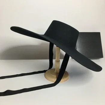 202306-nao-черная шикарная модельная выставка из черного шерстяного фетра с широкими полями 18 см, модная женская фетровая шляпа, женская панама, джазовая шляпа