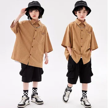 Детская одежда в стиле хип-хоп, Коричневая рубашка, Топ с коротким рукавом, Повседневные летние Шорты-карго для девочек и мальчиков, костюмы для джазовых танцев, Нарядная Одежда