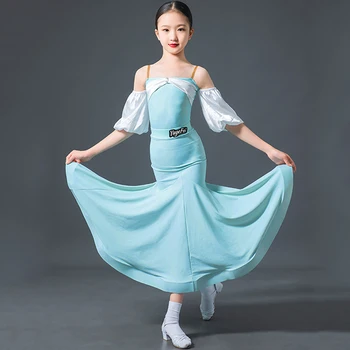 Новое Платье для бальных танцев для девочек, Боди с пышными рукавами, Синяя Юбка, Детский Танцевальный костюм для Вальса, Одежда для соревнований по бальным танцам NV18185