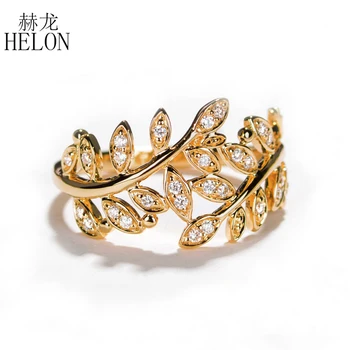 HELON Solid 10K Розовое/Желтое/Белое Золото 0,17 карата с Натуральным Бриллиантом, Женское Обручальное Кольцо, Женское Модное Ювелирное Кольцо в стиле Листьев