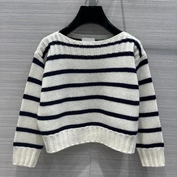 2023 внешняя торговля оптовая продажа винтажный повседневный универсальный кашемировый свитер в полоску для девочек с одним вырезом