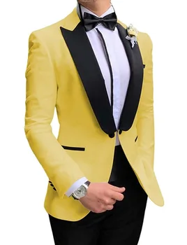 2020 Мужские Желтые Костюмы из 2 предметов для Мужчин, Сшитые на заказ, Приталенные Смокинги Жениха, Свадебный Мужской костюм Masculino (куртка + Брюки + бант)