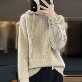 2023 FRSEUCAG, Новый женский Пуловер из 100% шерсти, свитер с капюшоном, Однотонный Вязаный Удобный Универсальный Женский короткий пальто, Топ