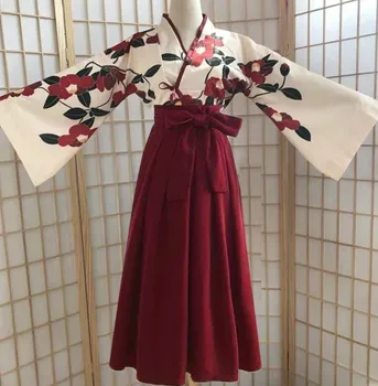 Кимоно Сакура для Девочек, Винтажное платье с цветочным принтом в японском стиле, Женский восточный костюм с камелией и любовью, Хаори Юката, Азиатская одежда