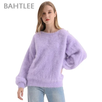 BAHTLEE, осенне-зимние женские пуловеры из ангорского кролика, свитер с круглым вырезом и рукавом-фонариком, толстая шерсть, сохраняющая тепло