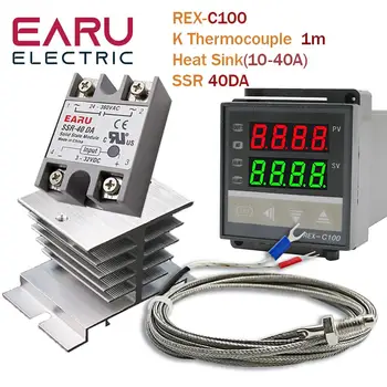 Цифровой PID Регулятор температуры Термостат REX-C100 + Реле Max 40A SSR SSR-40DA + Термопара K M6 1 М Зонд с теплоотводом
