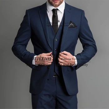Модные темно-синие мужские костюмы, деловой блейзер, приталенный свадебный смокинг для жениха, комплект из 3 предметов, куртка, жилет, брюки, Terno Masculino
